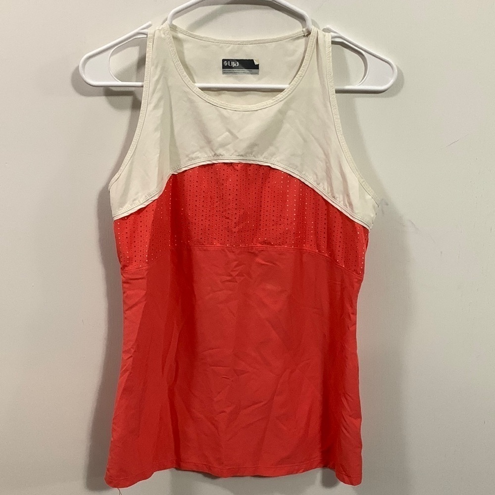 Lisa racer back tank, peach and off white, vented. Appears to be a small